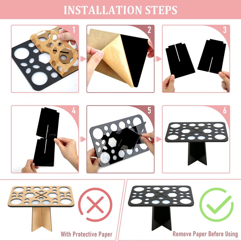 Diolan Makeup Brush Cleaning Mat & Drying Rack - 28 Holes Brush Holder, Silicone Rubber Clover Shaped Mat Cleaner - Black & Pink - Image 3